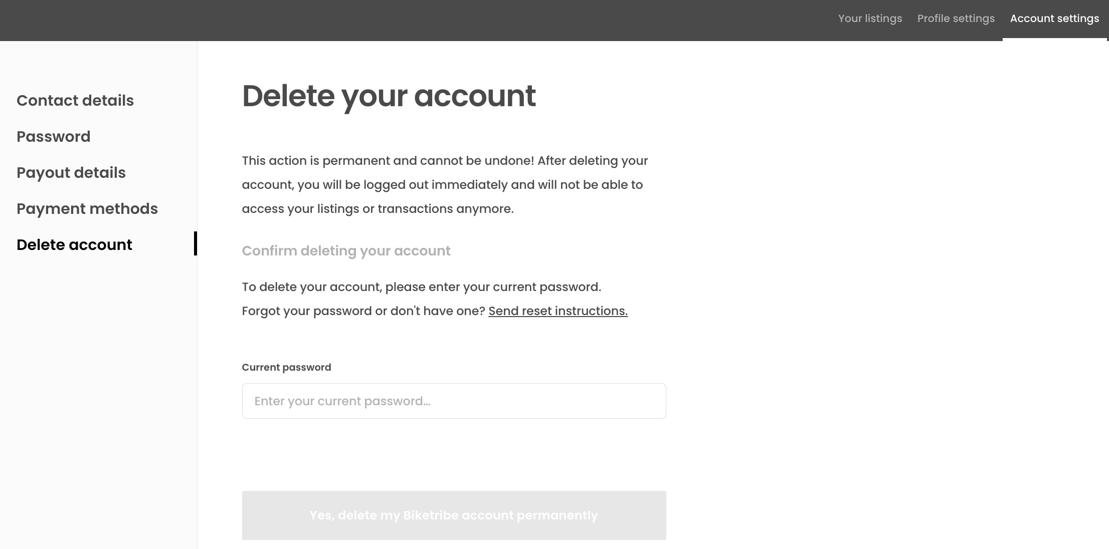 Inputs to delete user account