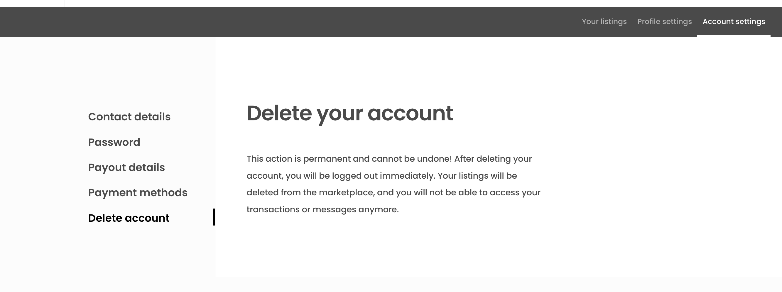 Initial Delete Account page