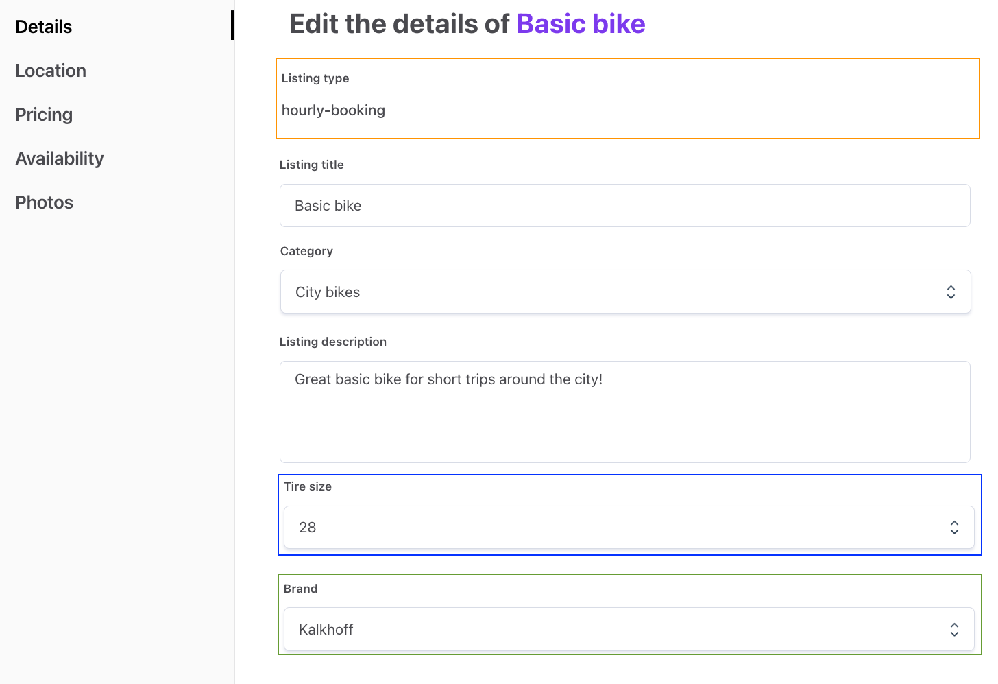 An image of the client app editing the details of a listing