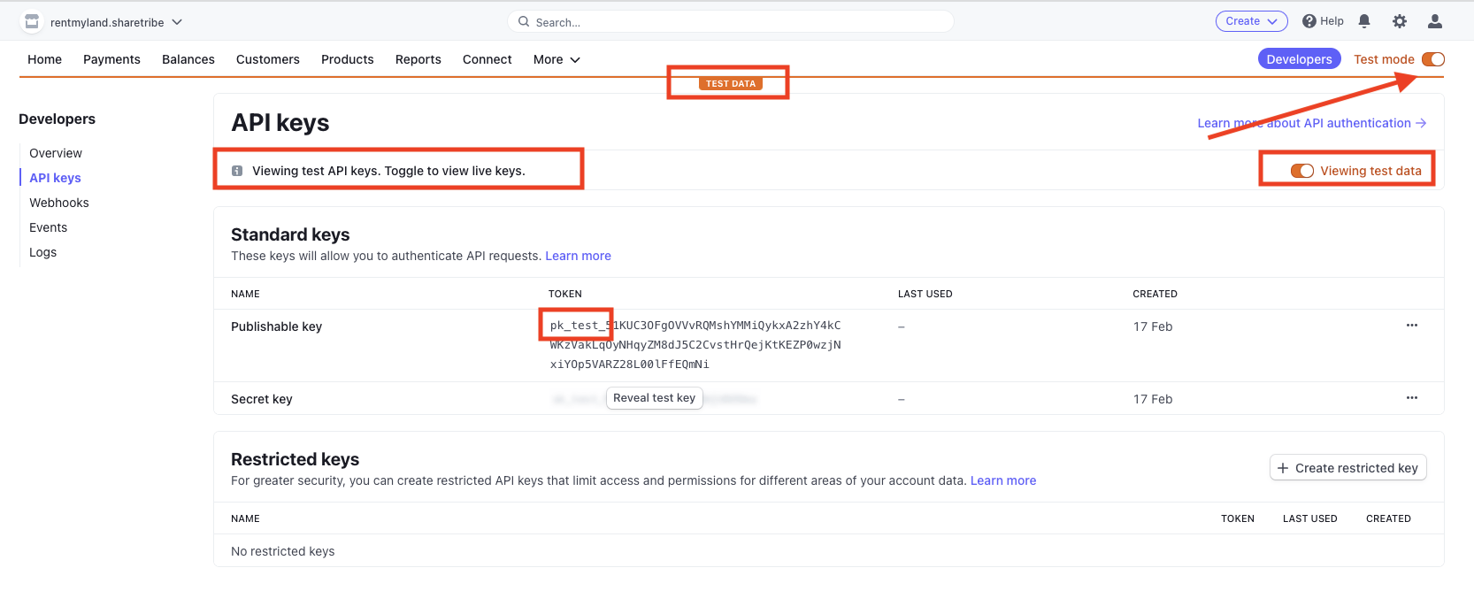 Test API keys in Stripe Dashboard